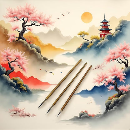 3Pcs Brown Chinese Art Painting Brush Set,Chinese Art Painting Brushes Weasel Hair Hookline Pen Art Drawing Brush Needs Watercolor Supplies S/M/L