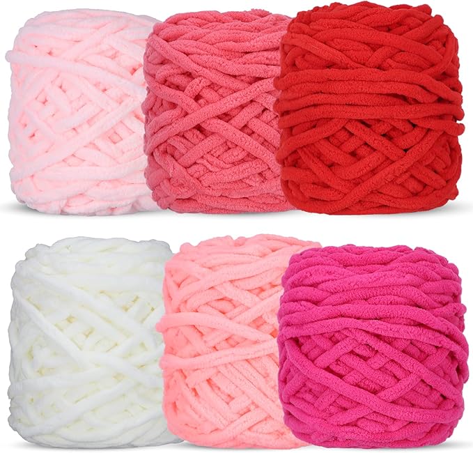 WSICSE Chenille Fluffy Yarn, Thick Chunky Blanket Yarn for Crocheting Plush Soft Yarn for Knitting Blanket DIY Christmas Gifts, 6×100g Each 3.5 oz 55 Yards(White/Pink)