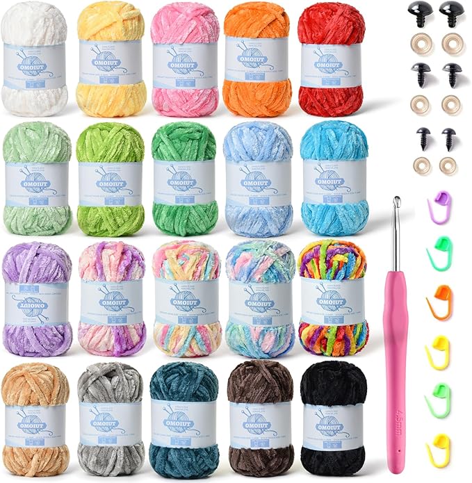 20 Pack 984 (yd) Chunky Chenille Yarn for Crocheting and Hand Knitting with Black Red White Green Yellow Rainbow Plush Velvet Yarn，Baby Blanket Yarn for Crocheting Soft Amigurumi Yarn