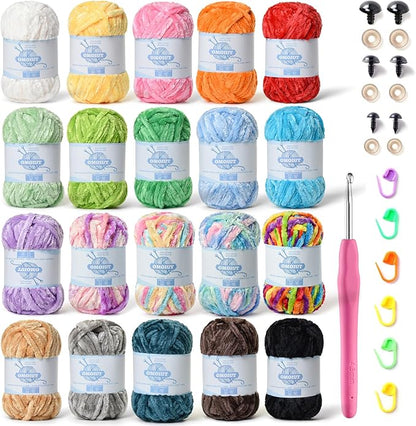 20 Pack 984 (yd) Chunky Chenille Yarn for Crocheting and Hand Knitting with Black Red White Green Yellow Rainbow Plush Velvet Yarn，Baby Blanket Yarn for Crocheting Soft Amigurumi Yarn