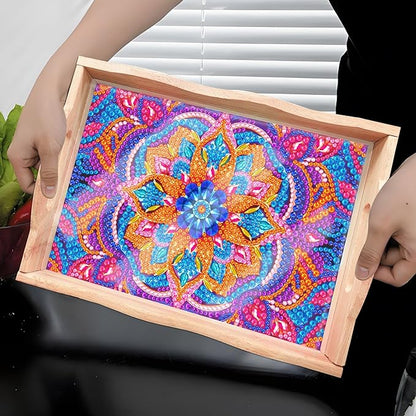 FGbaby DIY 5D Purple Mandala Diamond Painting Wood Serving Tray with Handles Diamond Art Decor Serving Trays Wooden Tray for Breakfast in Bed, Patio, BBQ, Coffee Table, Party –Great for Lap & Couch