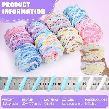 Buryeah 8 Pack Chunky Chenille Yarn for Crocheting Soft Thick Fluffy Yarn for Hand Knitting Bulky Velvet Blanket Plush for Weaving DIY Crafts Each 3.5 oz 55 Yards (Macaron Colors)