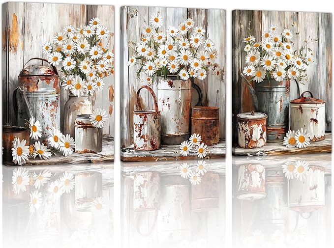 WENGTIAO 3Pcs Rustic Daisy Canvas Wall Art Fall Flower Prints Posters Vintage Country Flora Paintings Pictures Nature Botanical Artwork for Bedroom Living Room Bathroom 16x24x3