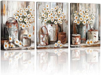 WENGTIAO 3Pcs Rustic Daisy Canvas Wall Art Fall Flower Prints Posters Vintage Country Flora Paintings Pictures Nature Botanical Artwork for Bedroom Living Room Bathroom 16x24x3