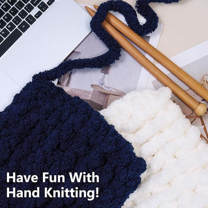 Chunky Yarn for Hand Knitting - #10 Chunky Chenille Yarn, Jumbo Big Thick Chunky Yarns for Crocheting, Super Bulky Chunky Knit Blanket Yarns, 8 Skein (25yd, 8oz/Skein), Cream & Navy