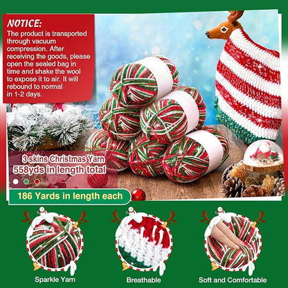 Timgle 3 Pcs Skeins Christmas Yarn for Crocheting 186 Yard Christmas Glitter Yarn Soft Each 100g/ 3.53 oz Knitting Crocheting Gift Craft Project Assorted Starter (Mixcolor Red Green White)