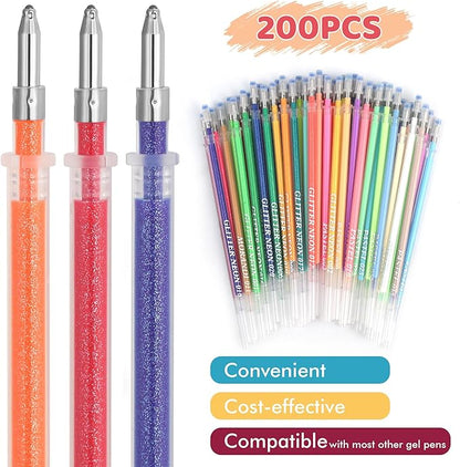 200 Colors Gel Pen Refills, Glitter Neon Gel Ink Pens Refills,Replace Cartridges for Gel Pens Set,9 Color Type for Adult Coloring Books Drawing Doodling Crafts Scrapbooking Journaling,No Repeats