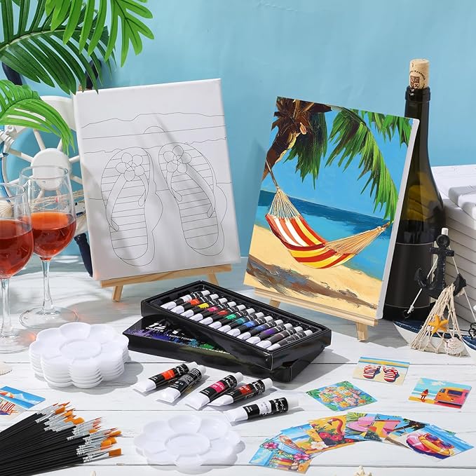 Cholemy 36 Pcs Valentine Paint and Sip Kit for Adults 8''x10'' Pre Drawn Canvas for Painting DIY Afro Acrylic Painting Kit Wood Easel Brushes Date Night Bulk for Party Gifts(Hawaii)