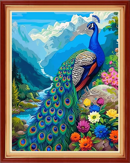 Foxhool Stamped Cross Stitch Kits,11CT Printed Cross Stitch Pattern Full Embroidery Kits for Beginner Needlepoint Kits-Peacock Scenery 16x20 inch