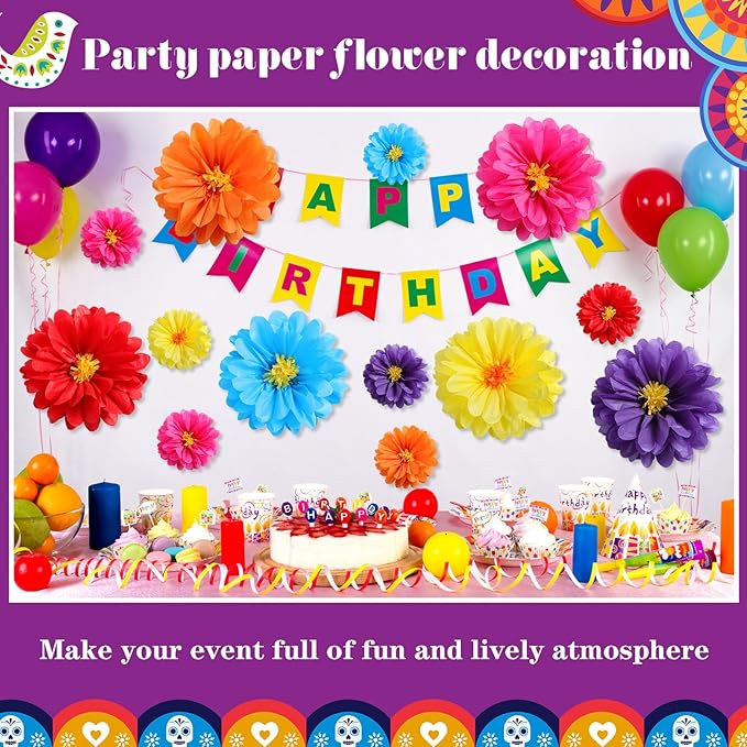 24 Pcs 10" 20" Giant Mexican Fiesta Paper Flowers Colorful Tissue Crepe Flowers Pom Poms Craft for Floral Party Backdrop Wedding Birthday Party (Classic Color)