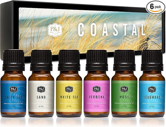 P&J Trading Fragrance Oils for Diffusers for Home Fragrance Scents for Candle Making - Soap Making Supplies - Car Diffuser Scents - Essential Home Gift Set - Coastal - White Tea, Sand, Verbena & More