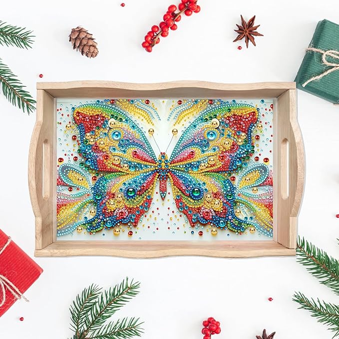 DIY Diamond Art Wooden Tray Kit, Food Tray with Handle Diamond Painted Table Decoration Tray, for Breakfast, Bar Dinner Table Diamond Dots Gem Painting Art Set for Beginners-#29-Butterfly