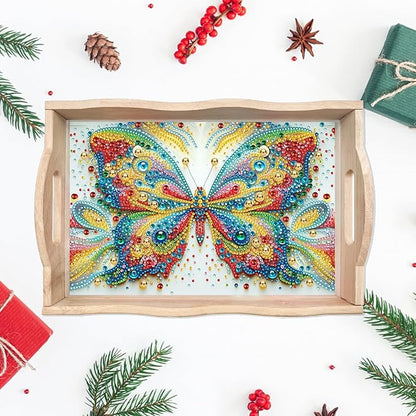 DIY Diamond Art Wooden Tray Kit, Food Tray with Handle Diamond Painted Table Decoration Tray, for Breakfast, Bar Dinner Table Diamond Dots Gem Painting Art Set for Beginners-#29-Butterfly