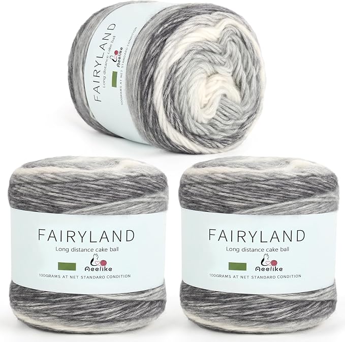 Aeelike Gradient Yarn for Crocheting, 3 Skeins Cake Yarns 100g (3.52 oz) 245m (267 Yards) # 3 Light Weight - Super Soft Ombré Fairyland Yarns for Making Colorful Crafts, Grey White Gradient