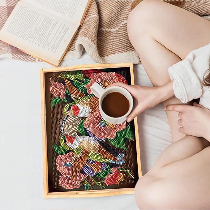 FGbaby DIY 5D Flower Hummingbird Diamond Painting Wood Serving Tray with Handles Diamond Art Serving Trays Wooden Tray for Breakfast in Bed, Patio, BBQ, Coffee Table, Party –Great for Lap & Couch