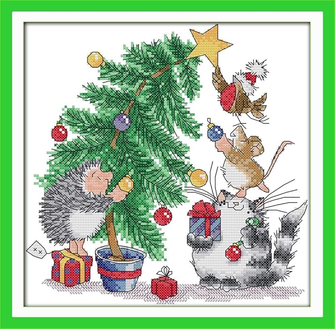 Funcrostitch Counted Cross Stitch Kits for Beginners,14ct Unprinted Pattern Embroidery Kit Dmc Cotton Threads Needleworks for Adults-Christmas Gift 11"×11"
