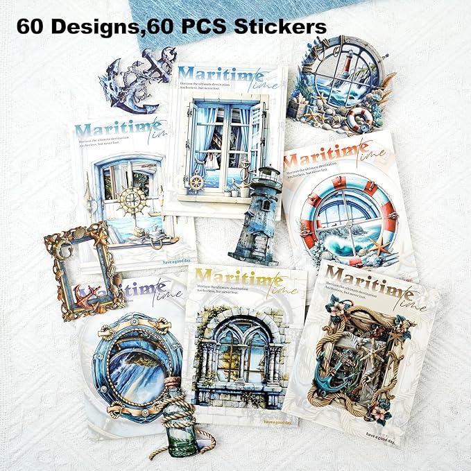 AuriicLeaf Nautical Scrapbook Stickers Set – 60PCS Vintage Maritime-Themed Cardstock Stickers, Adhesive Die-Cuts for Journals, Crafts, Gift Tags, DIY Decor