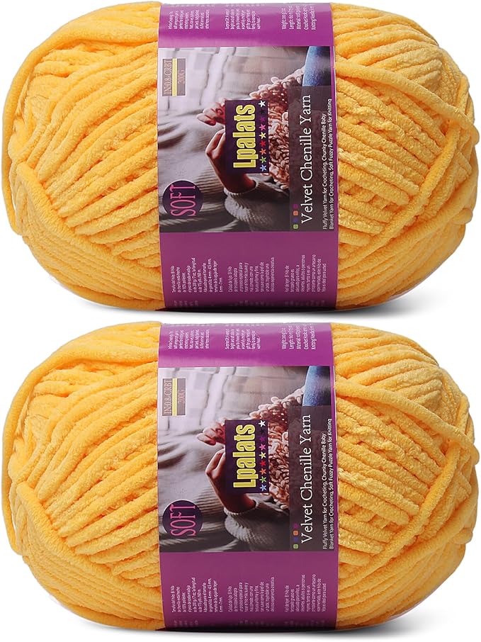 Chunky Chenille Yarn for Crocheting - 2x200g Baby Blanket Yarn for Crocheting Soft - 350 Yards Fluffy Thick Plush Yarns for Knitting Blankets Amigurumi (2, Golden Yellow)