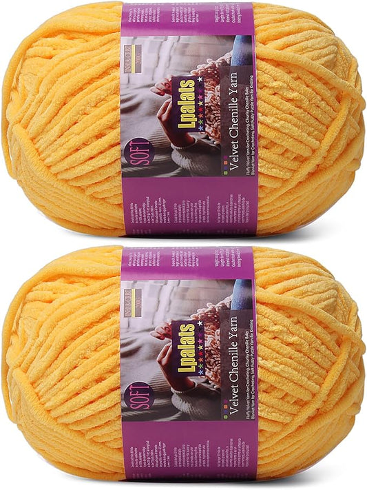 Chunky Chenille Yarn for Crocheting - 2x200g Baby Blanket Yarn for Crocheting Soft - 350 Yards Fluffy Thick Plush Yarns for Knitting Blankets Amigurumi (2, Golden Yellow)