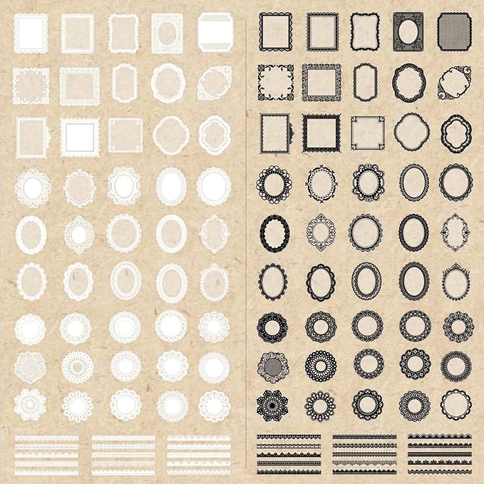 PRSTINCOL 240 PCs Lace Scrapbook Stickers,Waterproof Cutout Transparent Sticker PET Transparent Lace Stickers for Scrapbooking DIY Decoration Making Notebook Frame Album Handmade(Black and White)
