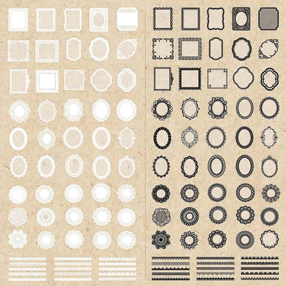 PRSTINCOL 240 PCs Lace Scrapbook Stickers,Waterproof Cutout Transparent Sticker PET Transparent Lace Stickers for Scrapbooking DIY Decoration Making Notebook Frame Album Handmade(Black and White)