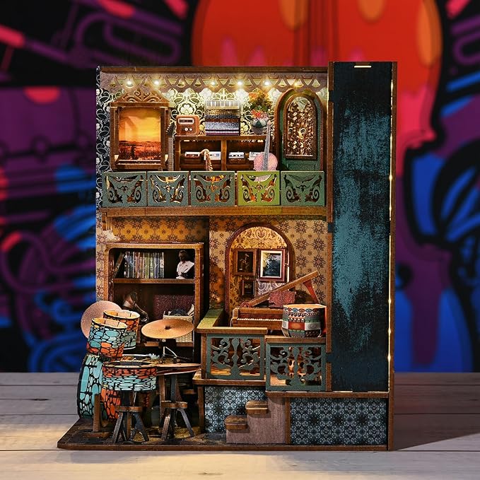 Foyucool DIY Book Nook Kit, Miniature Bookshelf Decor with LED Lights, Laser-Cut Wooden Craft Set for Adults, Creative Gift for Christmas, Birthday, Music House