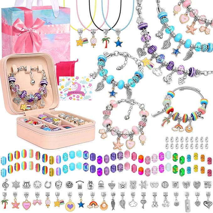 LifeisLuck Charm Bracelet Making Kit, 140 PCS DIY Craft Bead Sets Jewelry Making Kit, Portable Bracelet Organizer Gift Box for Teenage Birthday Christmas Stocking White Elephant Gift Exhange