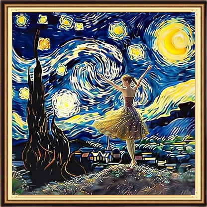 DMCVIVR Stamped Cross Stitch Kits for Adults Beginners Embroidery Kits 11CT Needlepoint Kits Cross Stitch Patterns Embroidery Patterns-Van Gogh Ballet Girl Under The Starry Sky 18x18 inch