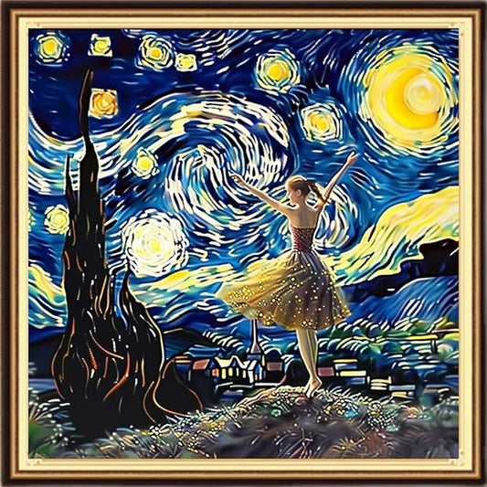 DMCVIVR Stamped Cross Stitch Kits for Adults Beginners Embroidery Kits 11CT Needlepoint Kits Cross Stitch Patterns Embroidery Patterns-Van Gogh Ballet Girl Under The Starry Sky 18x18 inch