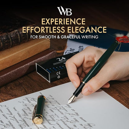 Wordsworth & Black Fountain Pen Set, 18K Gilded Fine Nib, Includes 24 Pack Ink Cartridges, Ink Refill Converter & Gift Box, Gold Finish, Calligraphy, [Racing Green], Perfect for Men & Women
