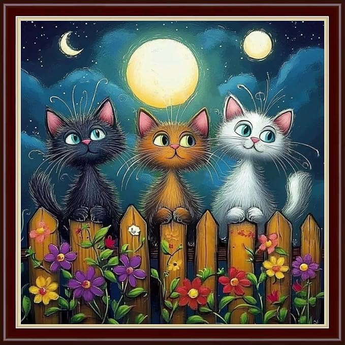 Dimensean Stamped Cross Stitch Kits Full Range of Embroidery Patterns Starter Kits for Beginners Adult DIY Cross Stitches Needlepoint Kits 11CT-Cat Admiring The Moon 18x18 inch
