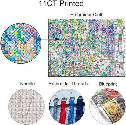 DMCVIVR Stamped Cross Stitch Kits for Beginners Adults Needlepoint Kits for Beginners Embroidery Kits for Adults Crossstitch Kit for Beginners 11CT-Hummingbird Flowers 16x20 inch