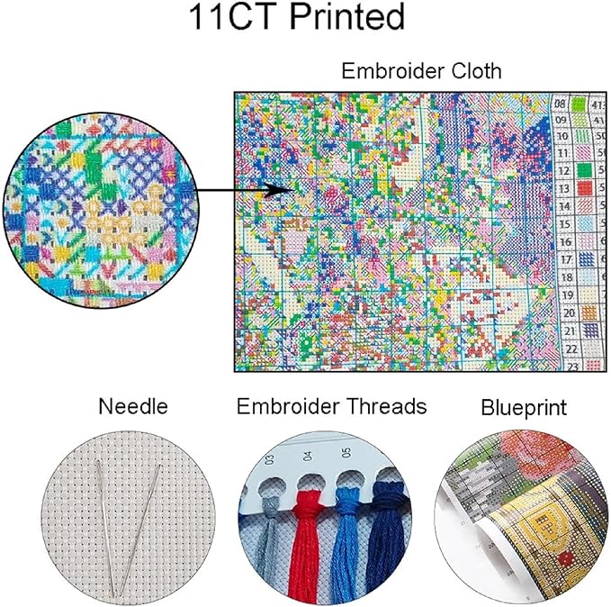 DMCVIVR Stamped Cross Stitch Kits for Beginners Adults Needlepoint Kits for Beginners Embroidery Kits for Adults Crossstitch Kit for Beginners 11CT-Peacock Flowers 16x20 inch