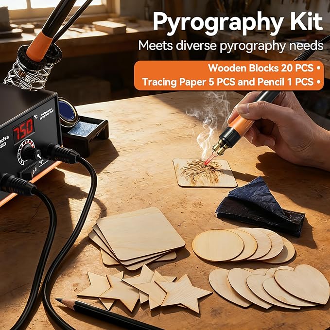 Preciva 935D Wood Burning Kit, Adjustable Temperature Wood Burner Tool with Dual Pens, Dual-Barrel Holder,Digital Display, 20 Interchangeable Wood Burner Tips & 20 Wooden Blocks for Pyrography Art