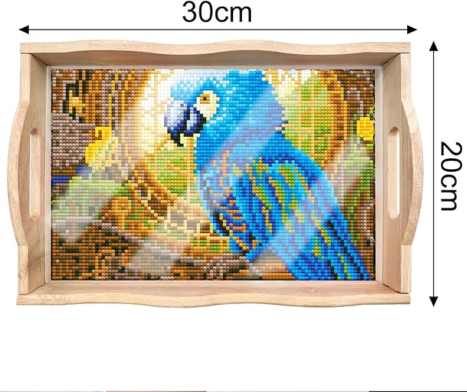 FGbaby DIY 5D Blue Parrot Diamond Painting Wood Serving Tray with Handles Diamond Art Decorative Serving Trays Wooden Tray for Breakfast in Bed, Patio, BBQ, Coffee Table, Party –Great for Lap & Couch