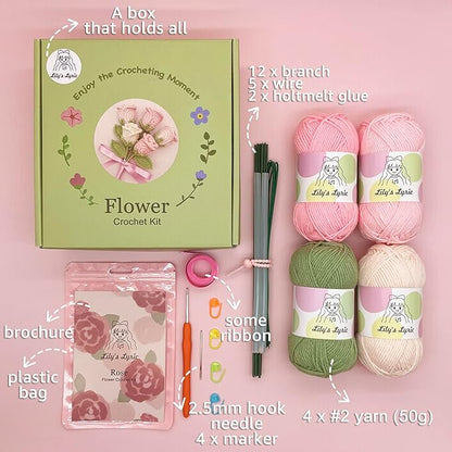 Lily's Lyric Flower Crochet Kit | Pink Rose | Step-by-Step Video Tutorial for Adults Teenagers | Craft Gift Idea DIY Home Decoration