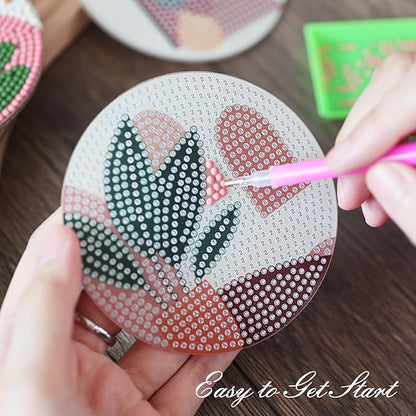 Temlum 6 Pcs Diamond Painting Coasters Kit, Abstract Plant Diamond Art Coasters for Beginners, Adults Small Diamond Painting Kit Art Craft Supplies