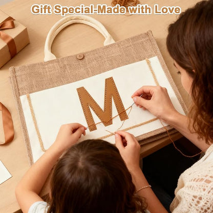 DIY Personalized Canvas Tote Bag with Embroidery Kit, Sturdy Jute Craft Bag with Front Pocket & Water-Resistant Lining, Customizable Gift Tote for Women, Everyday Use, Beach, Work, Groceries (C)