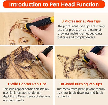 FIRElood Wood Burning Tool, Wood Burner kit Pen 200~750℃, Wood Burning kit with Digital Thermometer Temperature Adjustable Temperature, 2 pyrographic Wood Burning pens, 36 Wood Burning Pen Tips