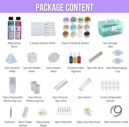 MODDA Epoxy Resin Kit with Video Course, Includes Color Pigment, Silicone molds, Necklace Cord, Earring Hooks for Jewelry Making, Epoxy Resin Starter Kit for Beginners, Adults,Complete Craft Set