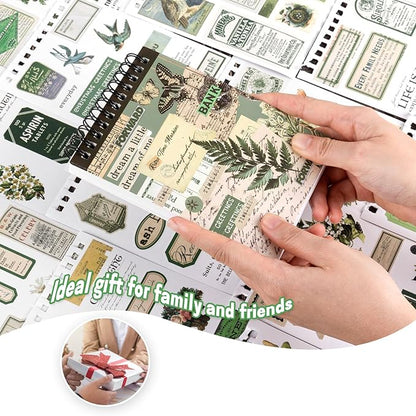 RISYPISY Pre-Cut Vintage Washi Journaling Sticker Book for Scrapbooking, 476PCS Green Scrapbooking Supplies, Ephemera for Junk Journal Supplies Crafts Arts, Dark Academia Stickers for journaling