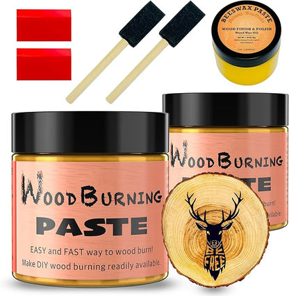 LAOBIAO Wood Burning Paste Beeswax Kit, 2 Jar Wood Burning Gel with 1 Jar Beeswax Paste, 2 Foam Paint Brushes and 2 Squeegees for DIY Arts and Crafting & Stencil Wood Burning