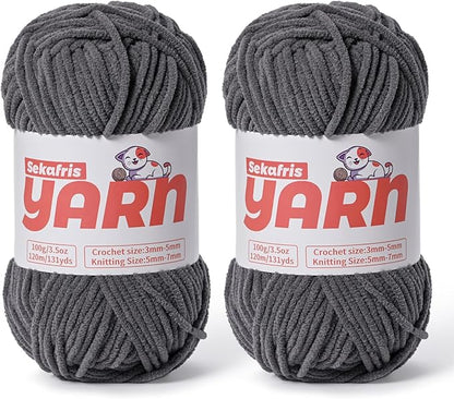 2 Pack Plush Chunky Chenille Yarn for Crocheting, Soft Fluffy Velvet Yarn for Crocheting Amigurumi, Fuzzy Baby Blanket Knitting 200g/262yds Bulky(2 Dark Gray)