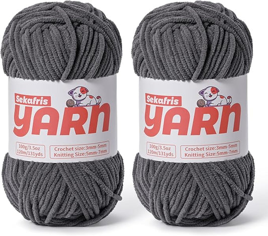 2 Pack Plush Chunky Chenille Yarn for Crocheting, Soft Fluffy Velvet Yarn for Crocheting Amigurumi, Fuzzy Baby Blanket Knitting 200g/262yds Bulky(2 Dark Gray)