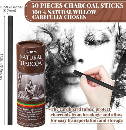 Gueevin 50 Pcs Willow Charcoal Sticks, Willow Charcoal, Artists, Beginners, Students, Perfect for Sketching, Drawing, Shading, and Fine Art Christmas Gifts for Art (5-7mm)