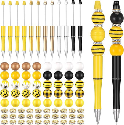 Geyee 12 Set Plastic Beadable Pens Assorted Bead Pens Crystal Wood Round Spacer Set Black Ink DIY Ballpoint for Women Men Gift Office Supplies(Bee)