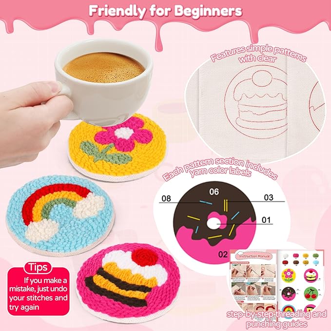 Sukhumvit 6PCS Punch Needle Coaster Kit, Beginners Punch Needle Set with 6 Tufted Patterns, Yarns, Hoop & Adhesive Pads, Starter Embroidery Coasters Kit for DIY Tufted Crafts Gifts