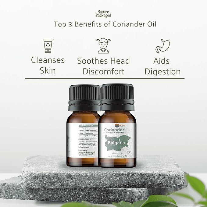 Nature Packaged Coriander Essential Oil - Direct from Bulgarian Balkan Mountains - Steam Distilled - Aceite Cilantro for Aromatherapy, Massage, Diffuser, DIY Candle and Soap Making - 8oz