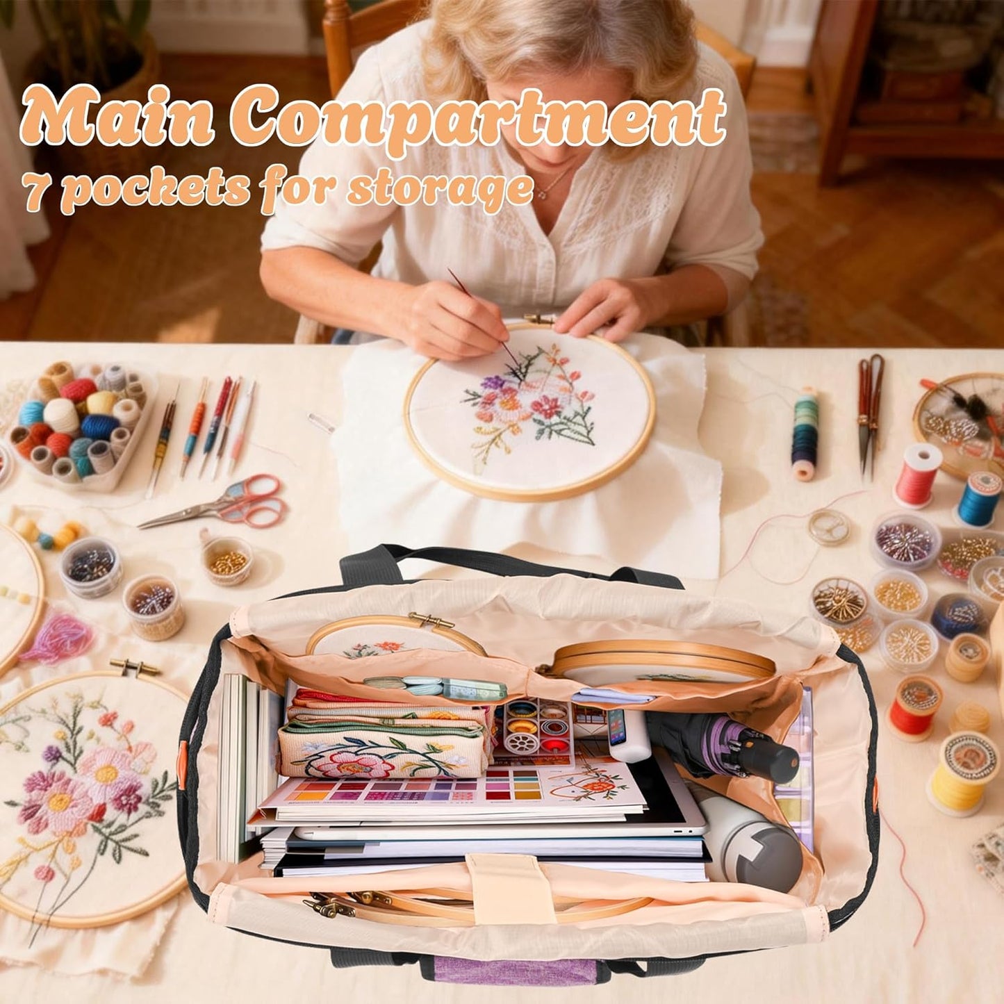 Embroidery Project Bag with Multiple Compartments & Shoulder Strap (Purple)