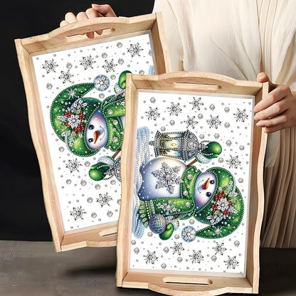 DIY Diamond Art Painting Wooden Tray Kit, Food Tray with Handle Diamond Painted Table Decoration Tray, for Breakfast, Bar Dinner Table Diamond Dots Gem Painting Art Set for Beginners-Snowman3